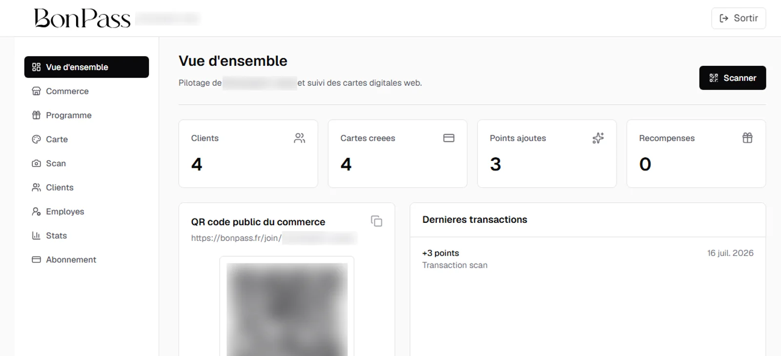 Tableau de bord commerçant de BonPass, nom du commerce flouté