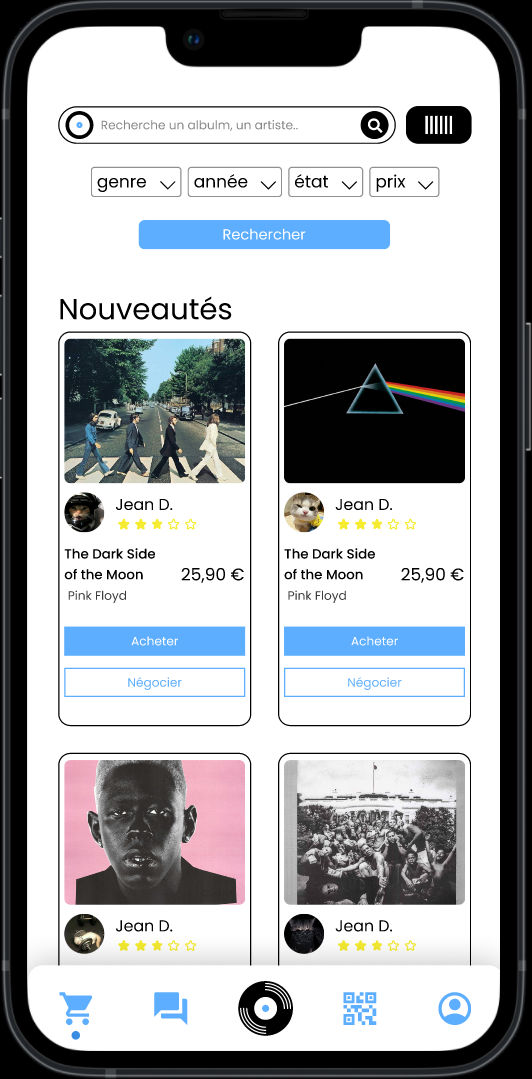 Écran catalogue Discollection (prototype mobile)